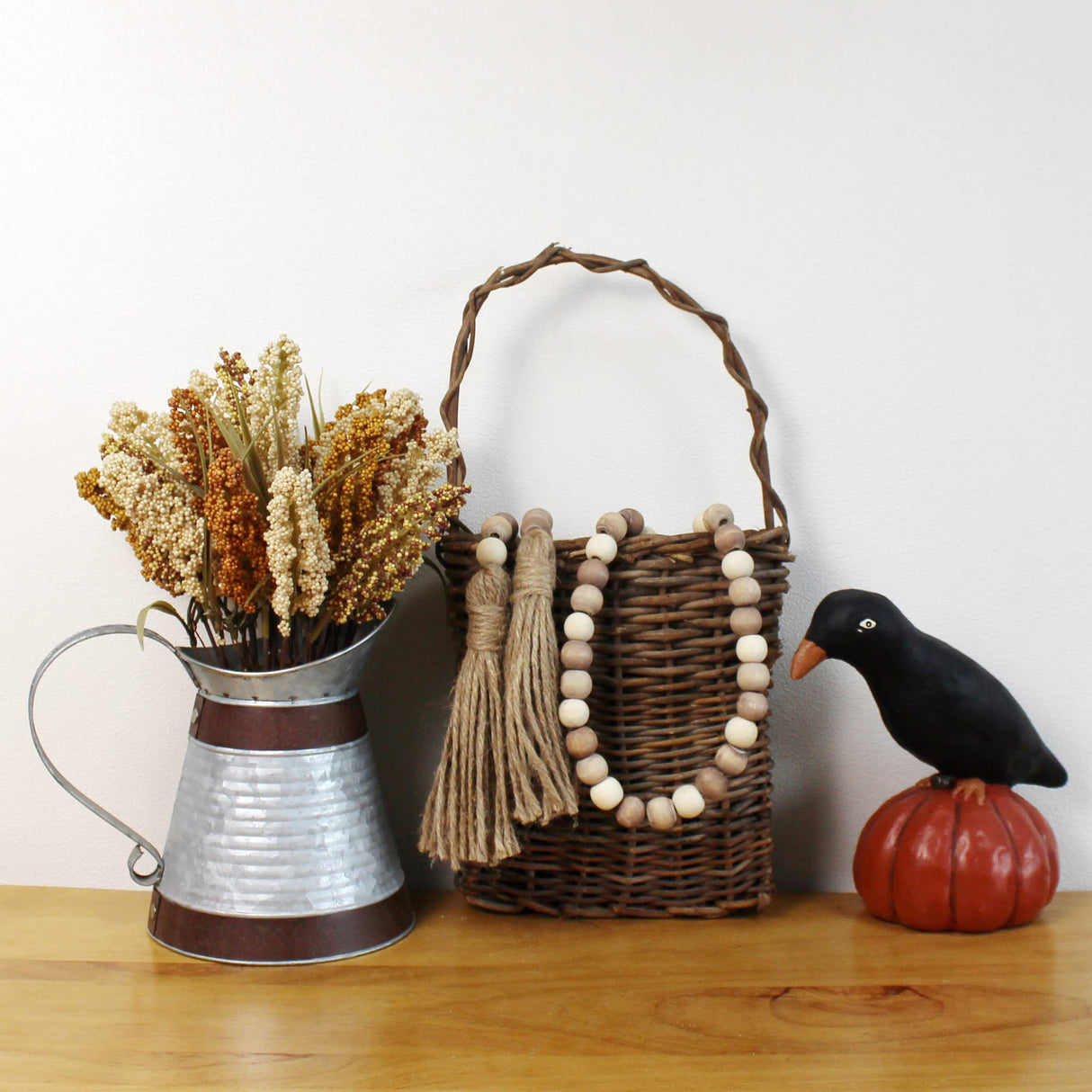 CVHOMEDECO. Wood Beads Garland with Tassels Farmhouse Rustic Wooden Prayer Bead String Wall Hanging Accent for Home Festival Decor. Mix Distressed CVHOMEDECO.