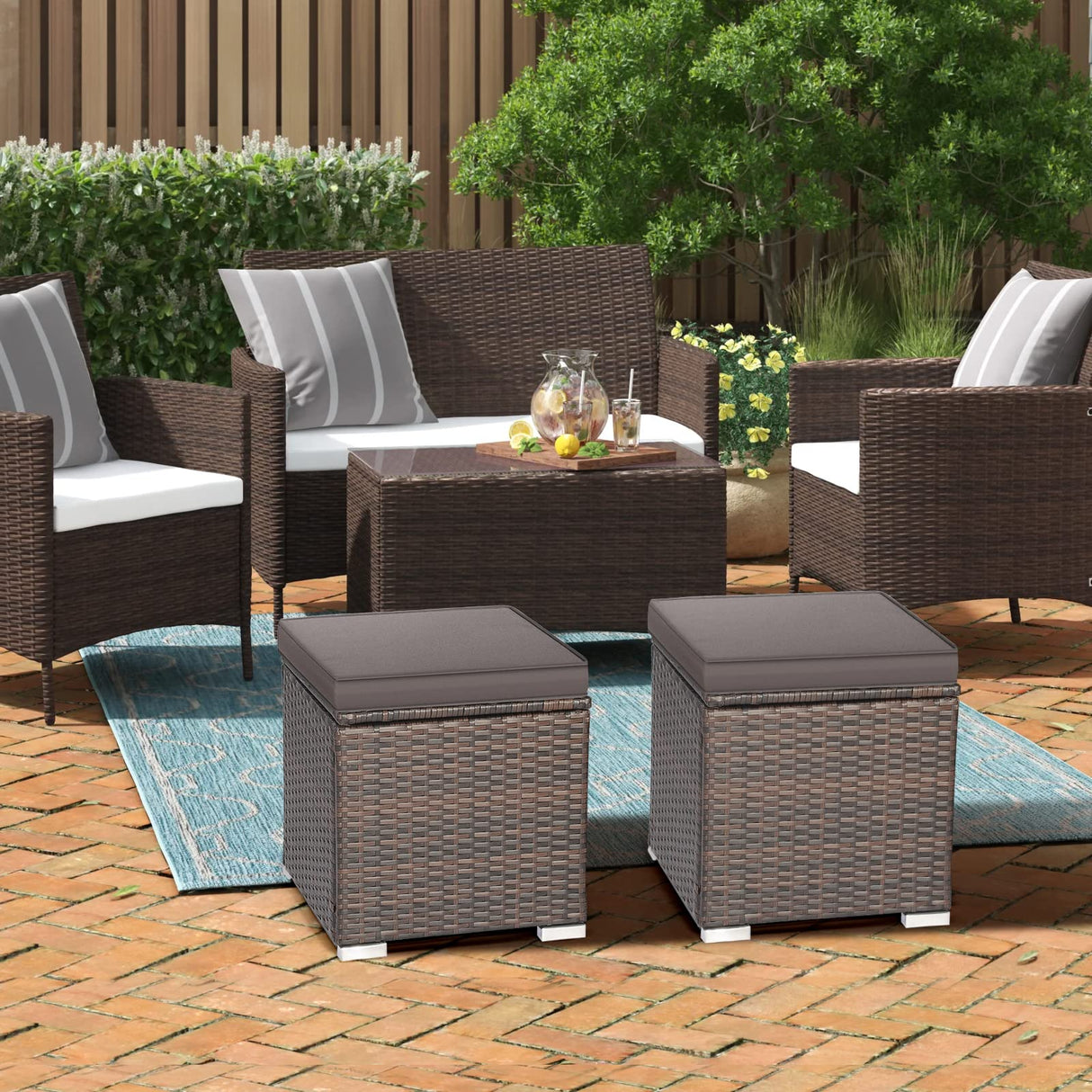 RELAX4LIFE Wicker Outdoor Storage Ottoman, 2-Piece Rattan Footstool w/Removable Cushion, Multipurpose Footrest Stool Side Table Additional Seating, Set of 2 Outdoor Ottomans for Patio Deck (Grey) RELAX4LIFE