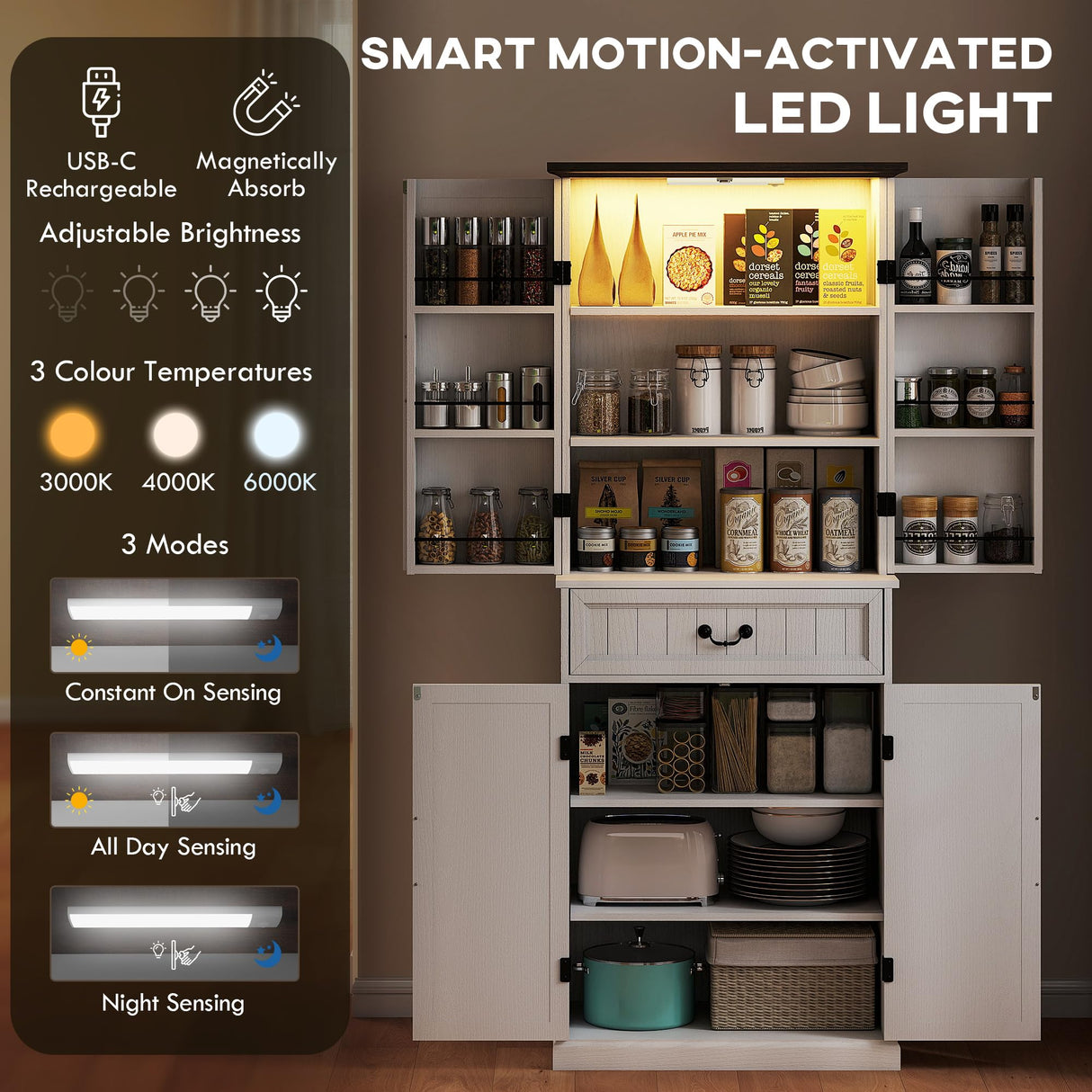 HOMCOM 71" LED Kitchen Pantry Cabinet, Farmhouse Tall Freestanding Storage Cabinet with Door Shelves, Adjustable Shelves and Drawer for Kitchen and Dining Room, Distressed White HOMCOM
