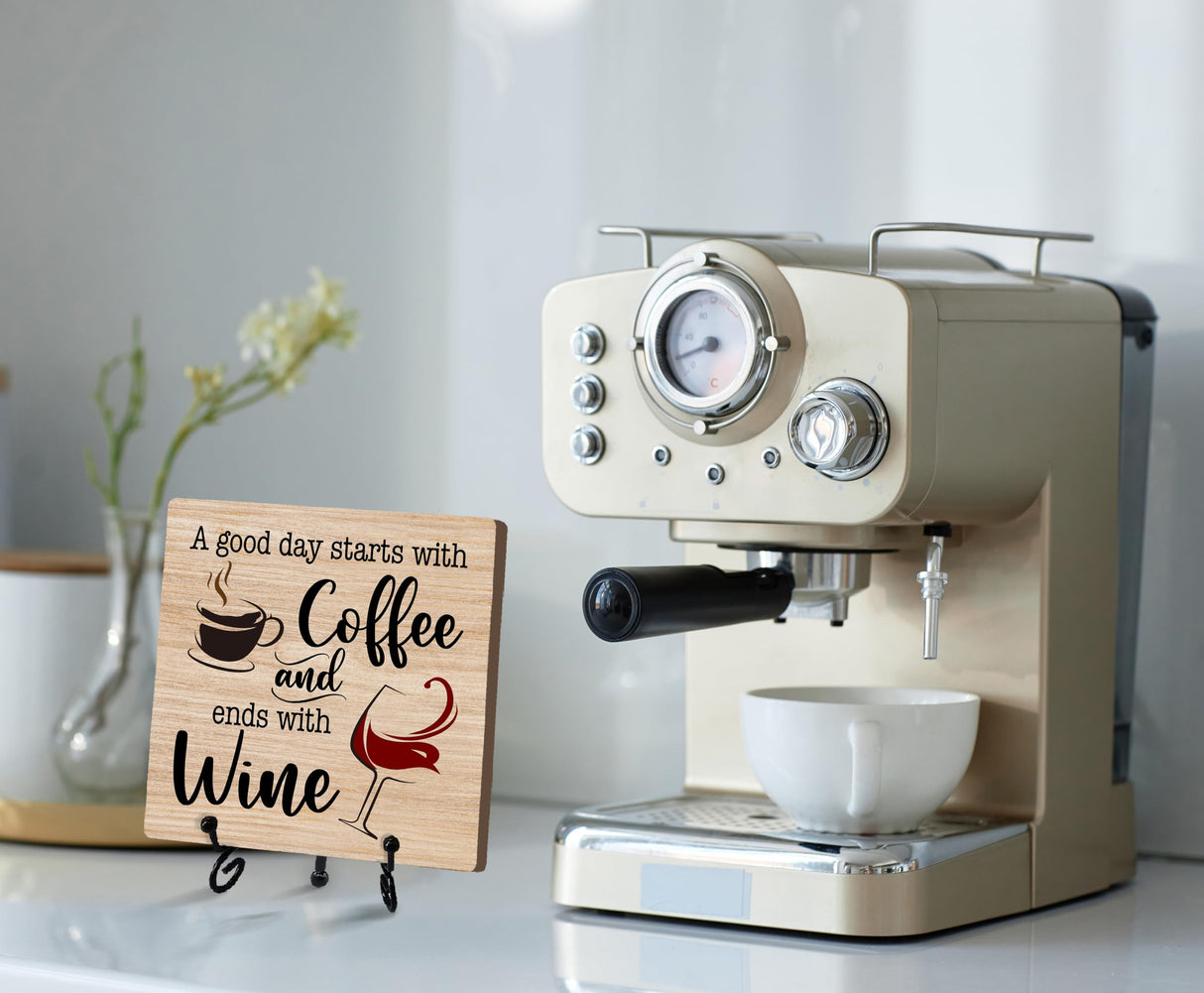 Coffee And Wine Desk Decor Sign, Rustic Wooden Sign With Stand, A Good Day Starts With Coffee And Ends With Wine Sign For Farmhouse Home Kitchen Bar Shelf Table, Gifts For Family Friend Coworker, C18 Zmyollo