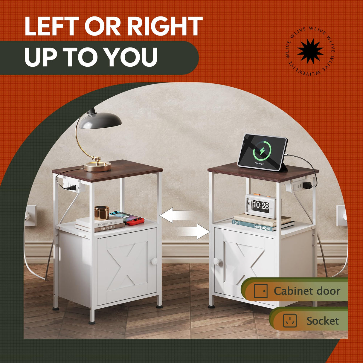 WLIWLIVE End Table with Charging Station, Bed Side Table with Open Shelf and Cabinet, Farmhouse Night Stand, End Tables Living Room, Bedroom, Small Spaces, White and Greige WLIVE