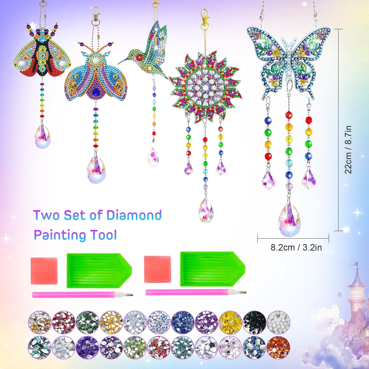 5Pcs Diamond art Kits for Kids/Adults, Crafts for Kids Ages 8-12, DIY Diamond Painting art Wind Chimes Crystal Window Suncatcher Craft, Birthday Gifts for 7 8 9 10 11 Year Old Girls, Home Garden Decor Mulyric