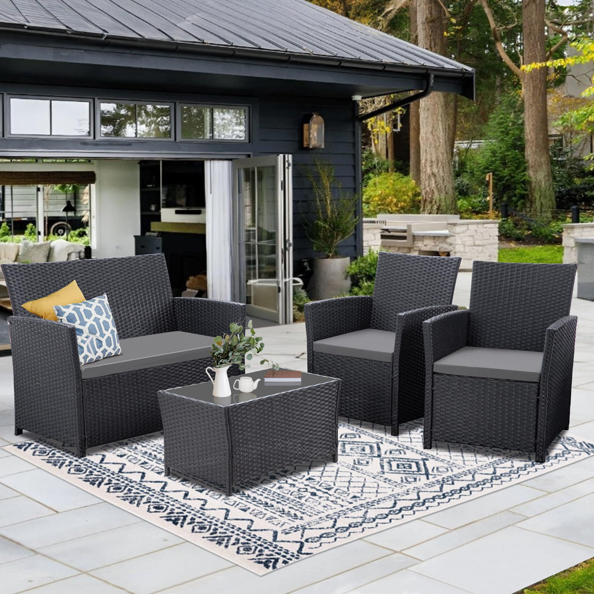 Seogwisam 4 Piece Patio Furniture Set, Outdoor Wicker Conversation Set, Rattan Sectional Sofa Couch with Glass Coffee Table & Thick Cushion for Backyard, Porch, Garden, Poolside, Black/Grey Seogwisam