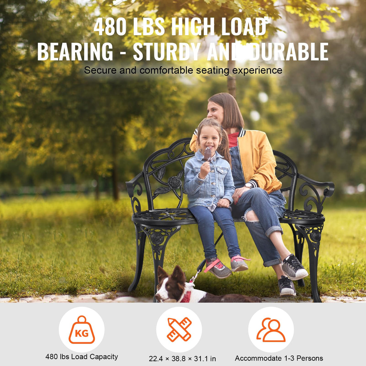 VEVOR Outdoor Bench, 480 lbs Load Capacity Bench, 38.8 inches Metal Garden Bench for Outdoors,Outdoor Garden Park Bench with Backrest and Armrests, Patio Bench for Garden, Park, Yard, Front Porch VEVOR