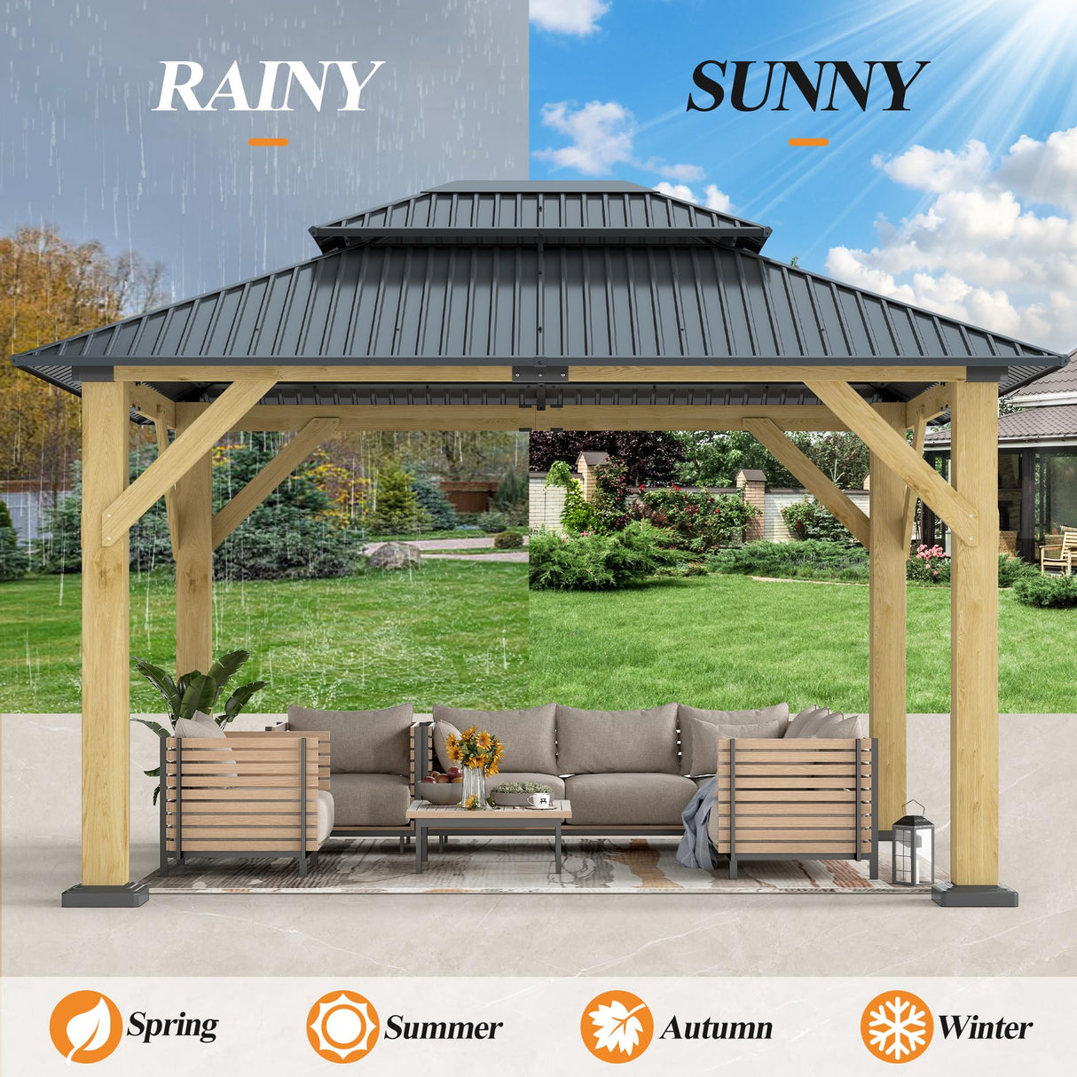 GARTOO 10’x 12’ Outdoor Wood Gazebo - Patio Hardtop Gazebo Permanent Wooden Pavilion with Galvanized Steel Double Roof, Cedar Wooden Gazebos for Garden, Lawn, Poolside, Backyard Deck GARTOO