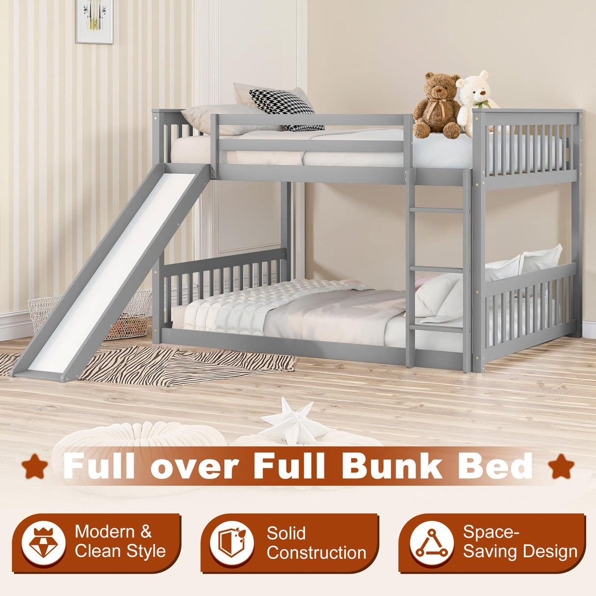 Osparple Full Over Full Bunk Bed, Kids Bunk Beds with Slide and Ladder, Wood Floor Bed Frames with Ladder for Teens, Girls or Boys, Gray/Grey Osparple