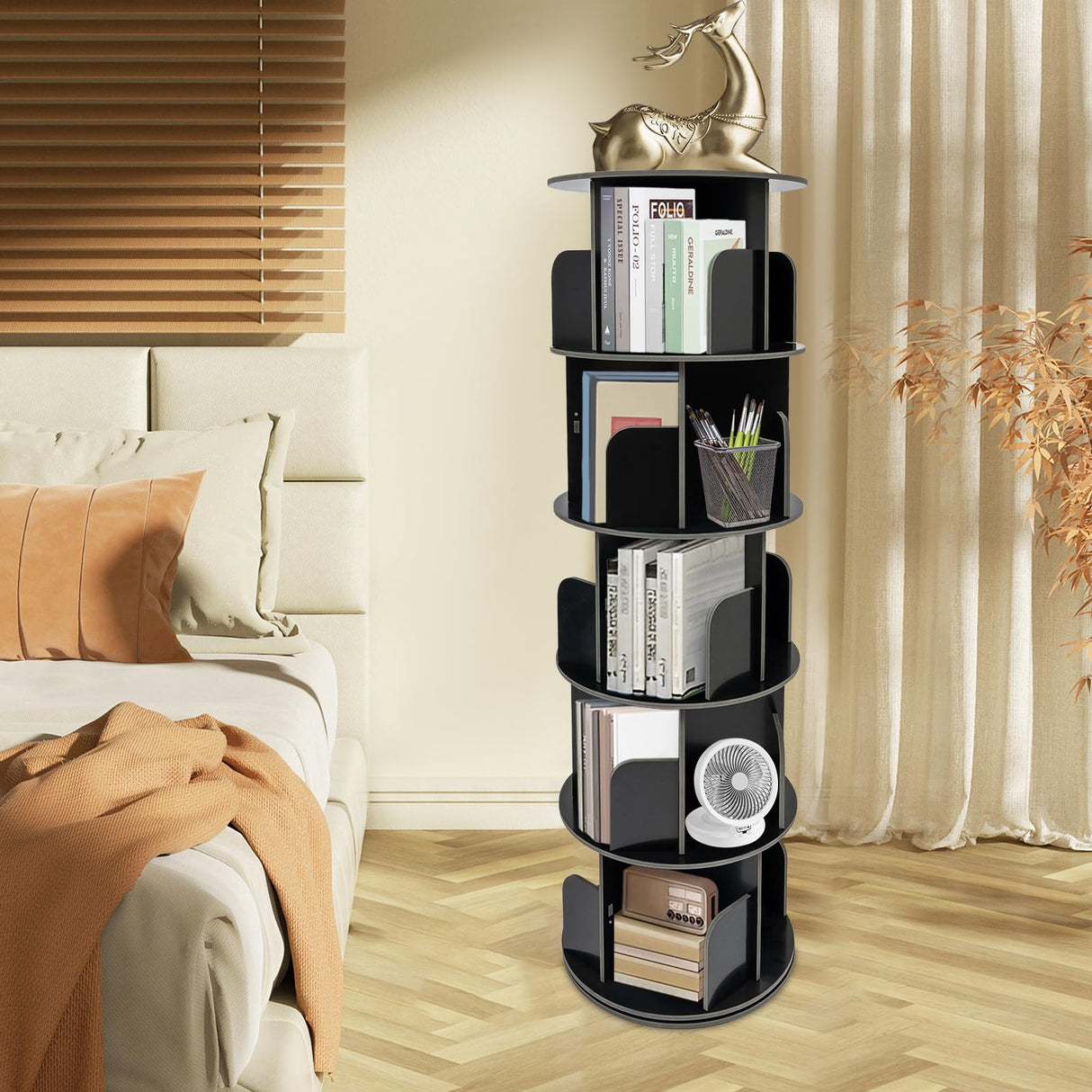 5-Tier Rotating Bookshelf - 360° Spinning Bookcase Storage Rack for Organising Books and Displaying Items SuiYuLn