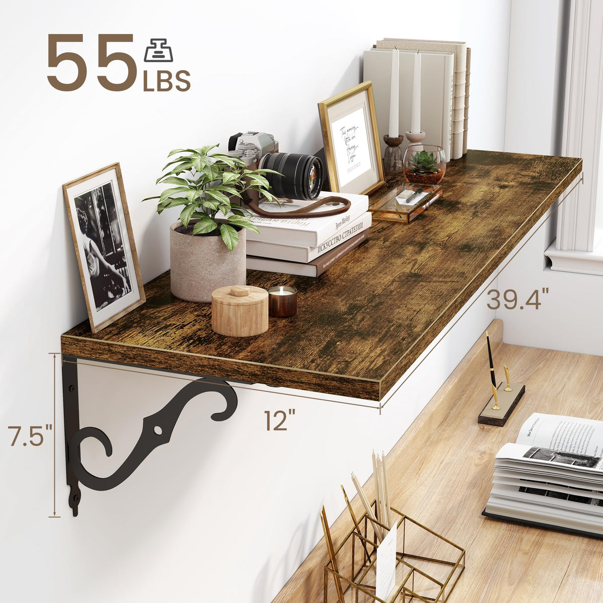 Fun Memories 40 Inch Floating Shelves Wall Mounted, 12 Inch Deep Wall Shelves with Bracket, Rustic Hanging Bookshelf, 40" Bookshelves for for Living Room, Kitchen and Bedroom, Rustic Brown, Set of 2 Fun Memories