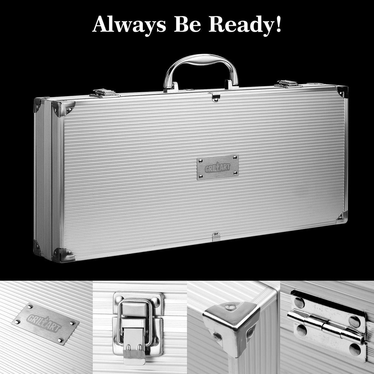 GRILLART BBQ Grill Utensil Tools Set Reinforced BBQ Tongs 19-Piece Stainless-Steel Barbecue Grilling Accessories w/Aluminum Storage Case -Complete Outdoor Grill Kit for Dad, Birthday Gift for Man Dad GRILLART