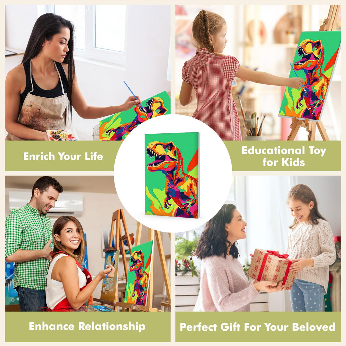 Bowetile Framed Cartoon Paint by Numbers for Kids Beginners, Dinosaur Paint by Numbers for Kids Ages 8-12, Kids Paint by Number Kits on Canvas, DIY Acrylic Number Painting for Home Decor, 8x12in Bowetile