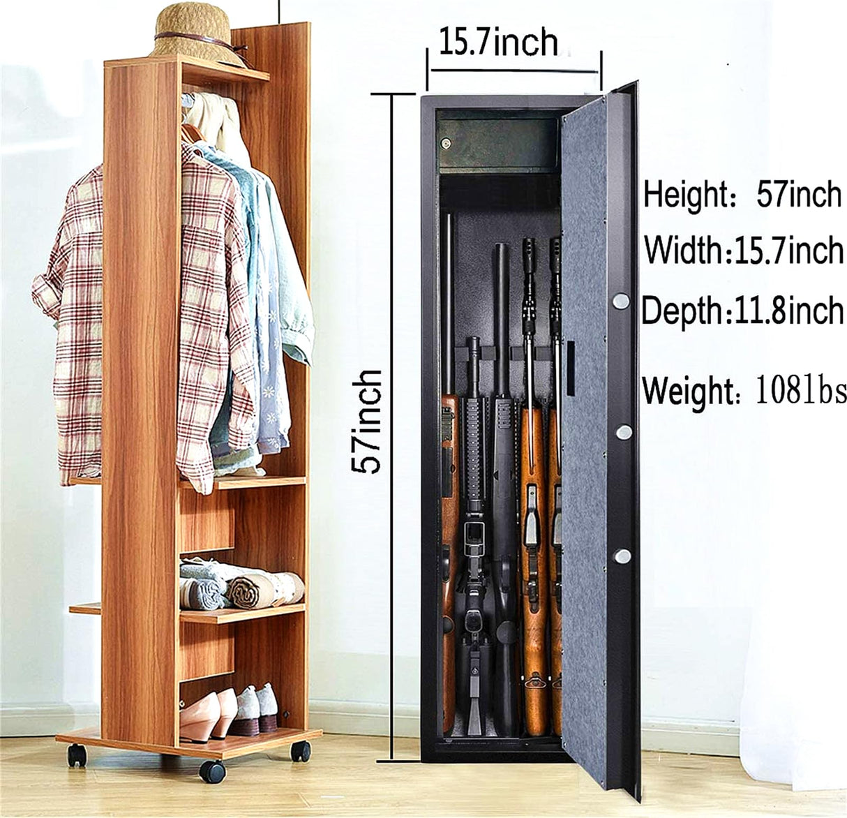 Large Rifle Safe, Long Gun Safe for Rifle Shotgun for Home, Quick Access 5-6 Gun Storage Cabinet with a Handgun Lock Box and a Removable Shelf, Silent Mode (Keyboard PIN Code) BBRKIN