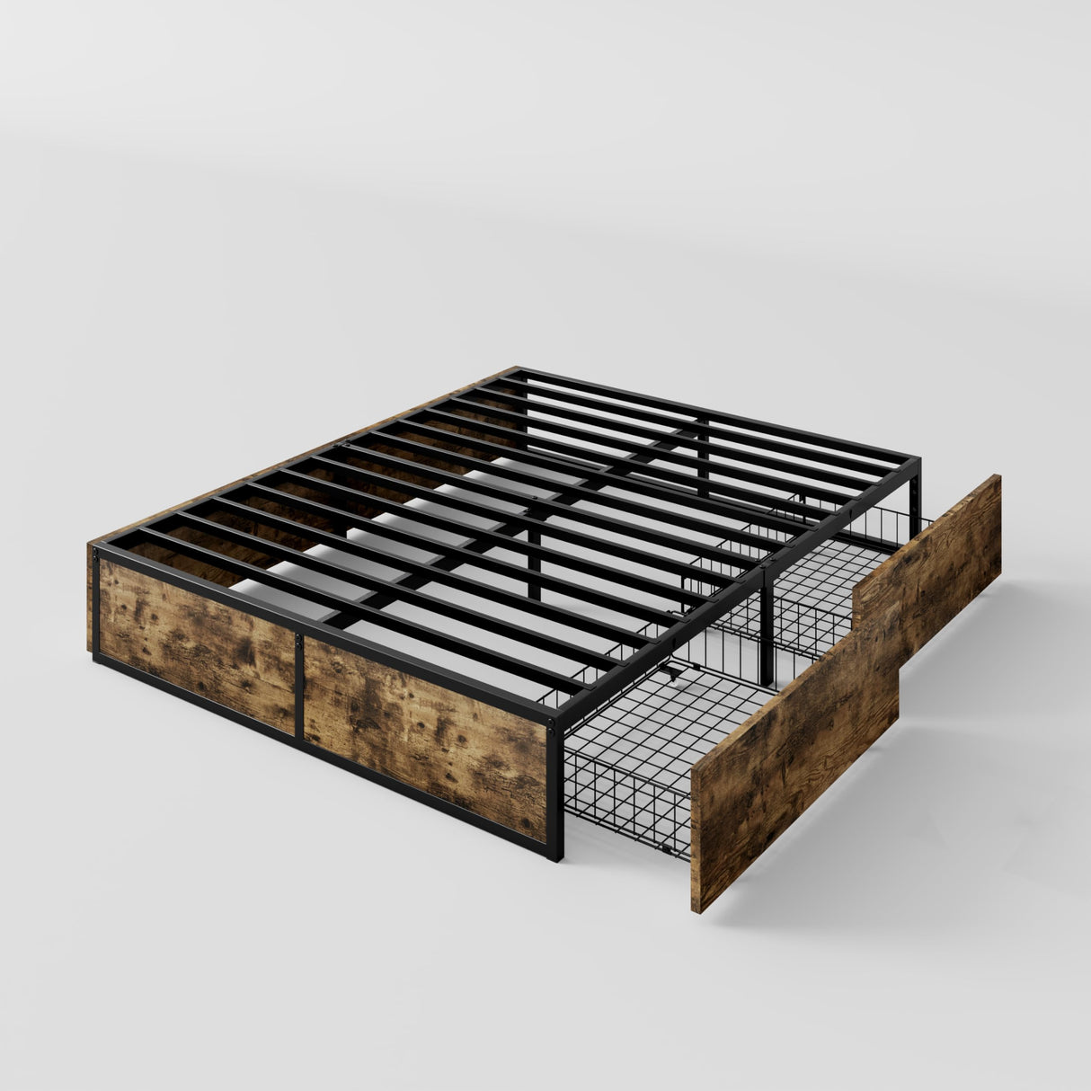 SHA CERLIN Queen Platform Bed Frame with 2 Large Storage Drawers, Rustic Wood and Metal, Noise-Free, Easy Assembly, No Box Spring Needed, Brown SHA CERLIN