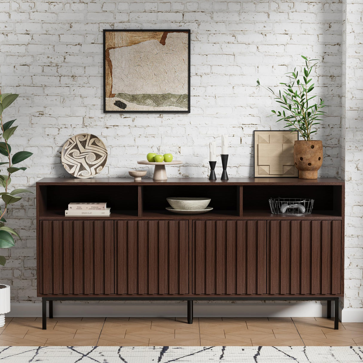 UEV Mid Century Modern Sideboard Buffet Cabinet with Storage, 61.4'' Fluted Sideboard Cabinet,Wood Buffet Cabinet with Metal Legs,Accent Credenza Storage Cabinet with 4 Doors and Spacious Top(Walnut) UEV