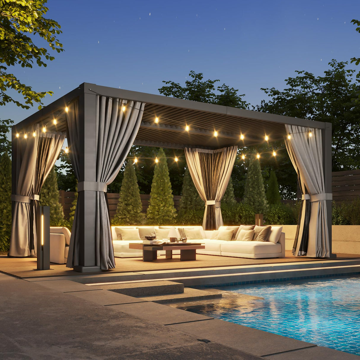 Aoxun Louvered Pergola 12' x 16' Outdoor Aluminum Pergola Adjustable Roof, with Waterproof Curtains and Nets, for Decks, Gardens, Gray Aoxun