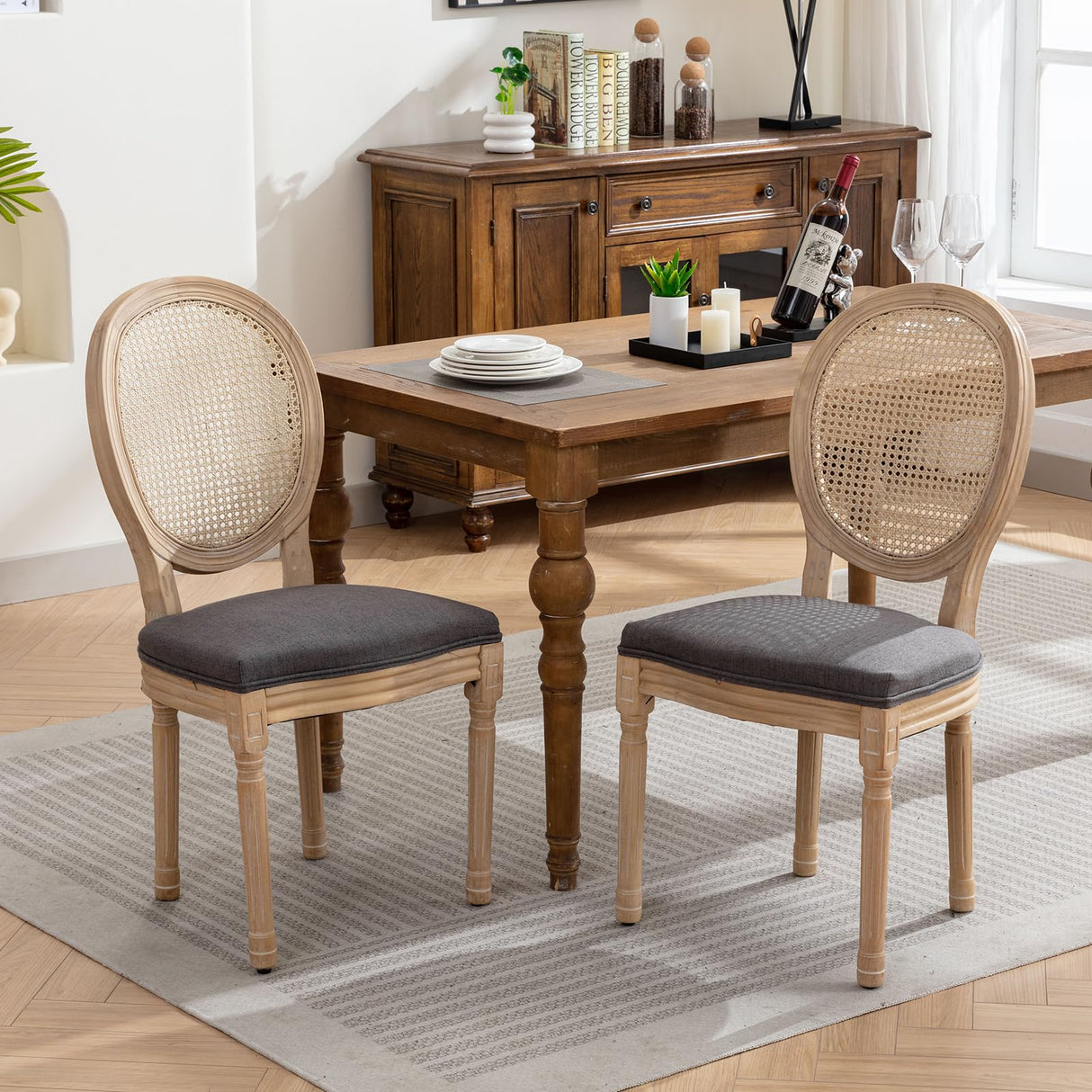 ODUSE-DAILY French Country Dining Chairs Set of 4, Dark Gray Kitchen & Dining Room Chairs Set of 4, Rattan Dining Chairs, Cane Back, Wood Legs, Sillas De Comedor (Rattan,Dark Grey, 4Pcs) ODUSE-DAILY