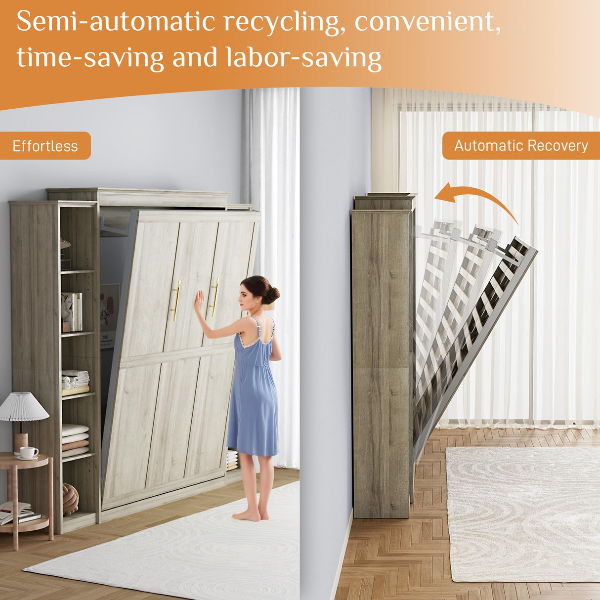 Rophefx Queen Murphy Bed Cabinet with 5-Tier Adjustable Storage Shelves, Queen Wall Bed Cabinet Bed, Wood Space Saving Beds, Foldable Platform Beds, Hidden Bedframe for Guest Room, Bedroom,Grey Rophefx