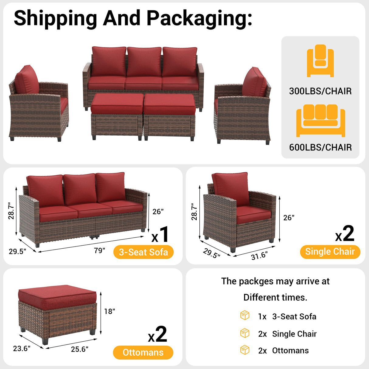 VONZOY Patio Furniture Set, 5 Pieces Outdoor Sectional Couch with Chairs, Ottomans and Thick Cushions, All Weather Wicker Rattan Patio Conversation Set, Wine Red VONZOY