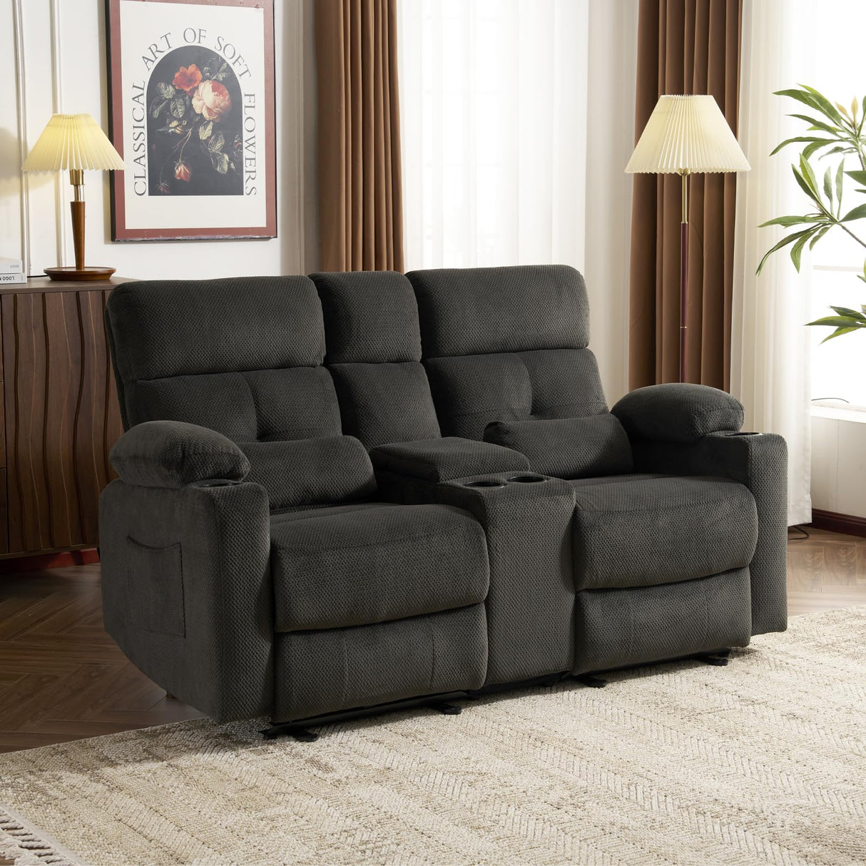 P.H.Furn Power Reclining Loveseat, Massage Loveseat Recliner Sofa Home Theater Seating with Heat, RV Love Seat Chair Clearance with Console, Storage, Cup Holders, Wall Hugger Couch P.H.Furn