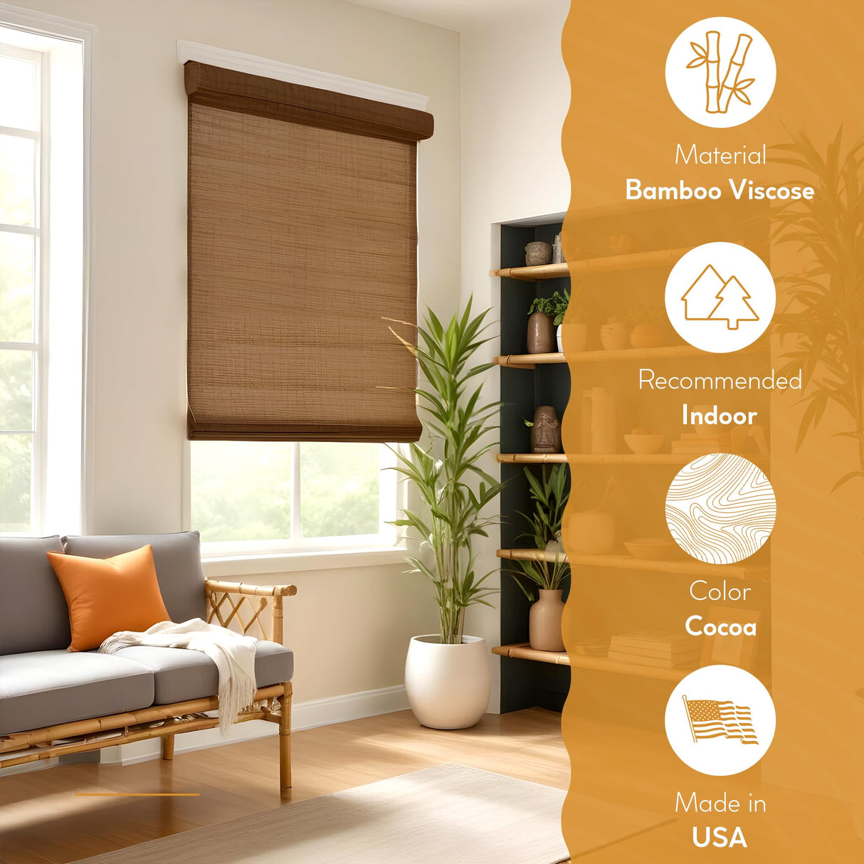 Radiance Cordless Bamboo Roman Shades for Windows - Flatstick Bamboo Blinds for Semi-Private Light Control - Easy to Lift & Fold Up Window Shades - Cocoa - 34 in. W x 64 in. L - (2216310E) Radiance