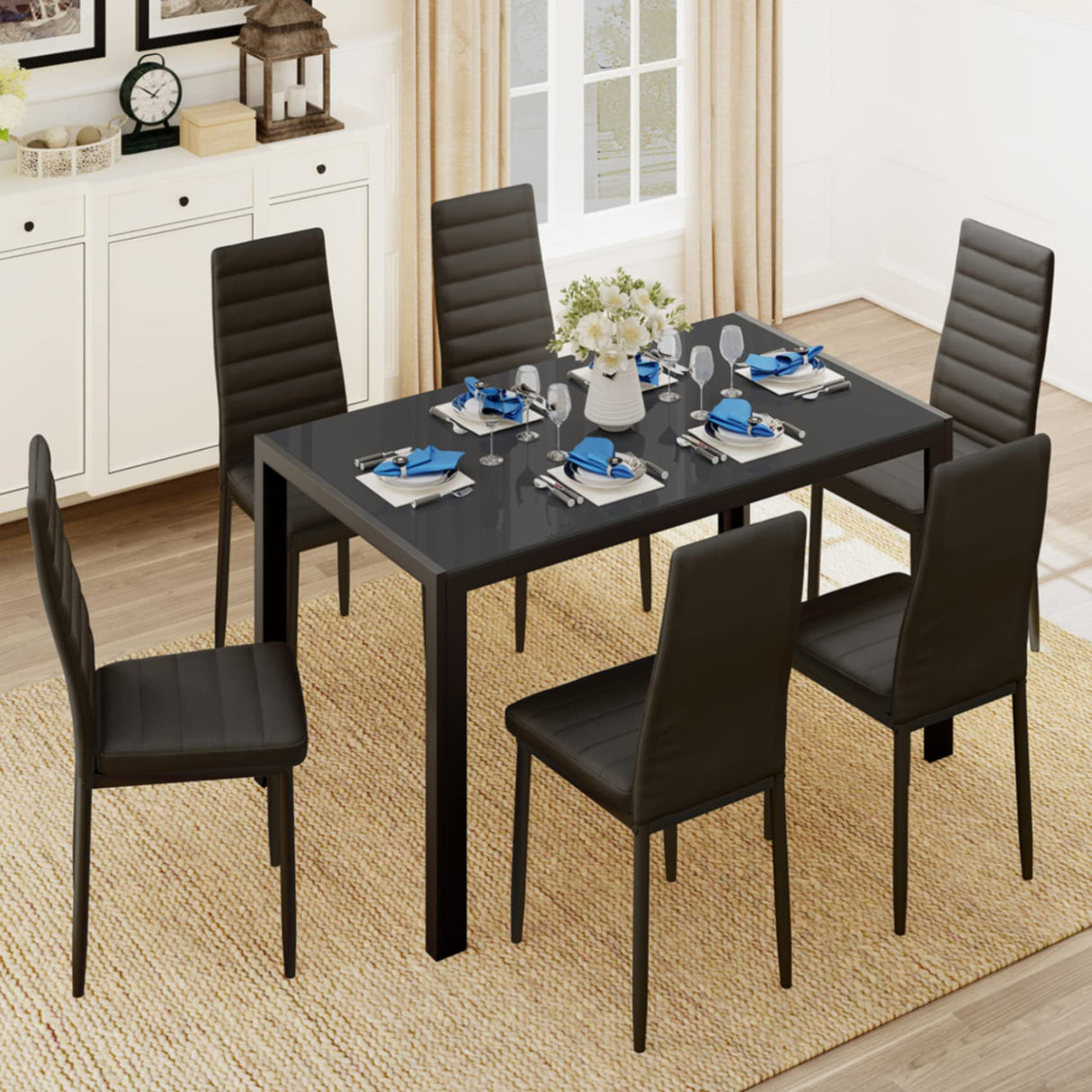 Gizoon Glass Dining Table Sets for 6, 7 Piece Kitchen Table and Chairs Set for 6 Person, PU Leather Modern Dining Room Sets for Home, Kitchen, Living Room Gizoon