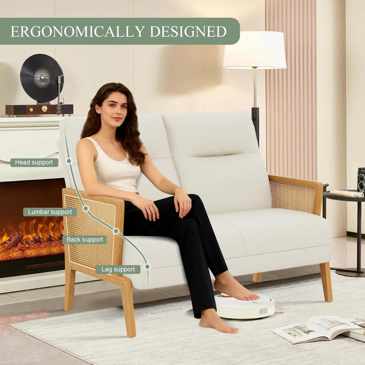 POINTANT Love Seat Settee Mini Couch Upholstered Sofa with Natural Rattan Armrest Backrest Couch Bench Loveseat for Living Room Bedroom Beige POINTANT