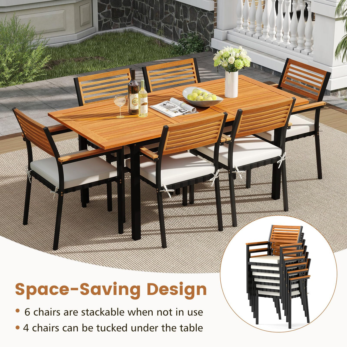 Tangkula 7-Piece Patio Dining Set, Outdoor Acacia Wood Cushioned Chairs and 51”-64” Expandable Rectangular Table Set, with Umbrella Hole, 6 Stackable Armchairs, for Poolside Garden (Off White) Tangkula