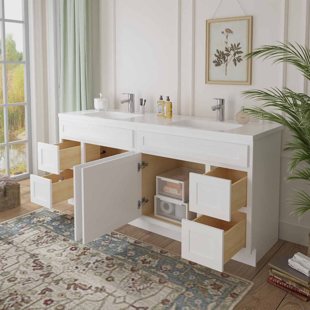 Vanity Art 72 Inch Bathroom Vanity with 2-Door 4-Drawer, Wood Bathroom Vanity Cabinet with Soft Closing Drawer, Floor Mounted White Cabinet Without Top VA4072-LRW Vanity Art
