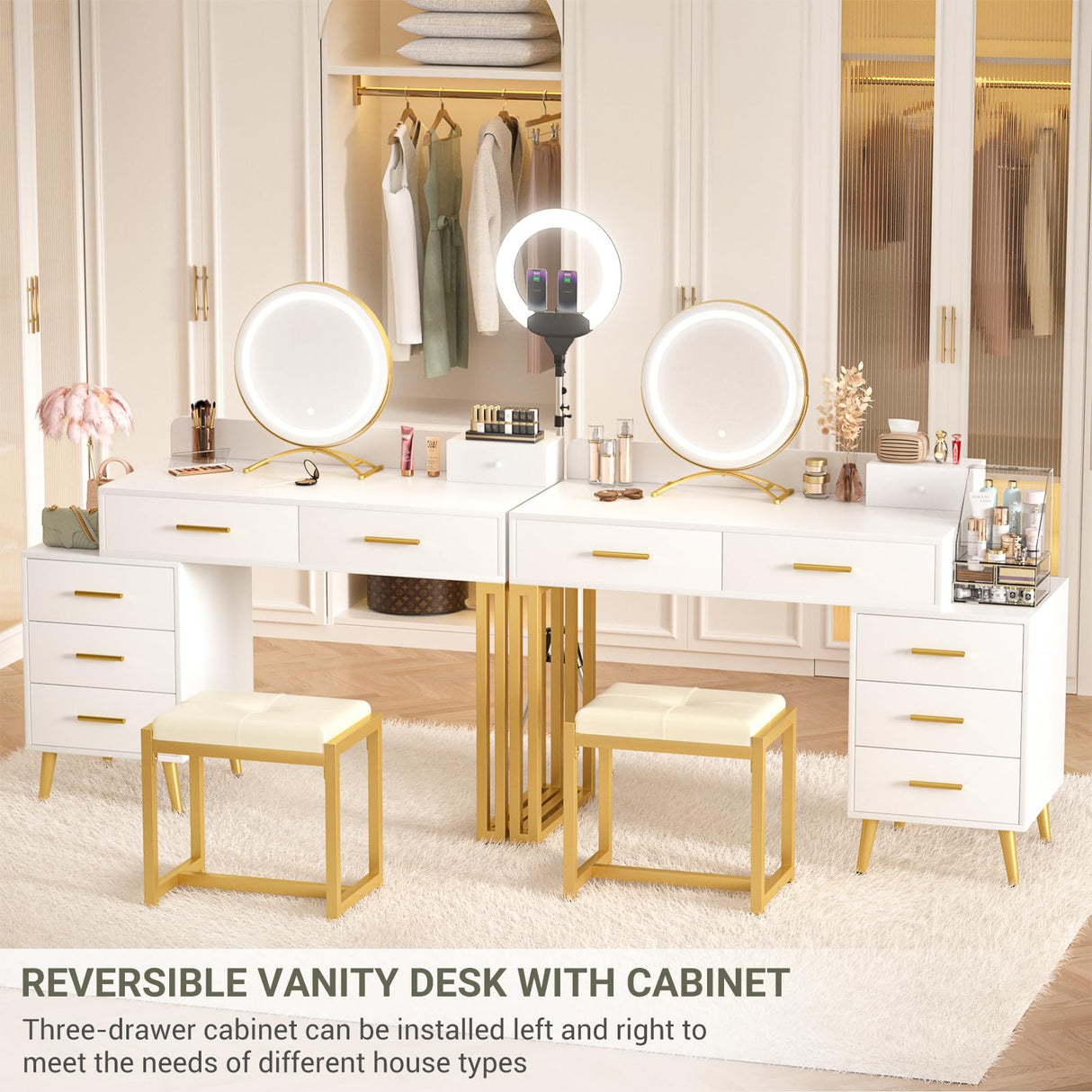 White Vanity Desk with Mirror and Lights, Modern Makeup Vanity Table Set with 6 Storage Drawers and Cushioned Stool for Bedroom, Dressing Table with Divided Organizers for Women Girls, White armocity