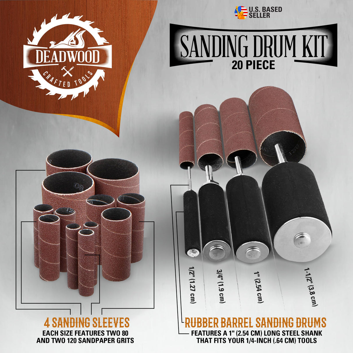 DCT 1/4 Inch Drive Drill Press Sanding Drum Kit - Rubber Sanding Drums (0.5-1.5 Inch) and Spindle Sander Sleeves, 20pc Deadwood Crafted Tools