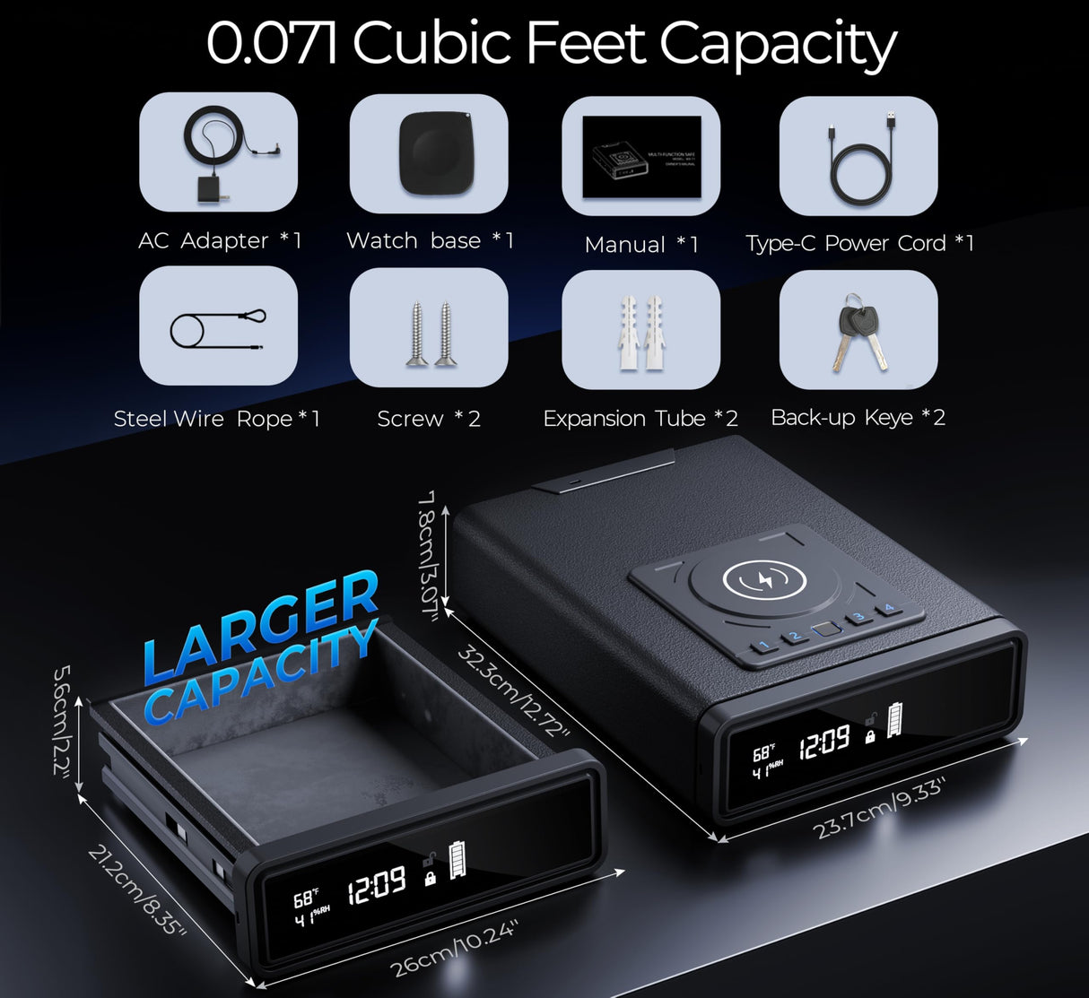 Smart Biometric Safe with Wireless Charging for Phone & Watch, 3 Access Methods to Unlock, Nightstand Drawer Safe LED Display with Humidity & Temperature Monitoring, Stopbox for Cash and Valuables ORARAER