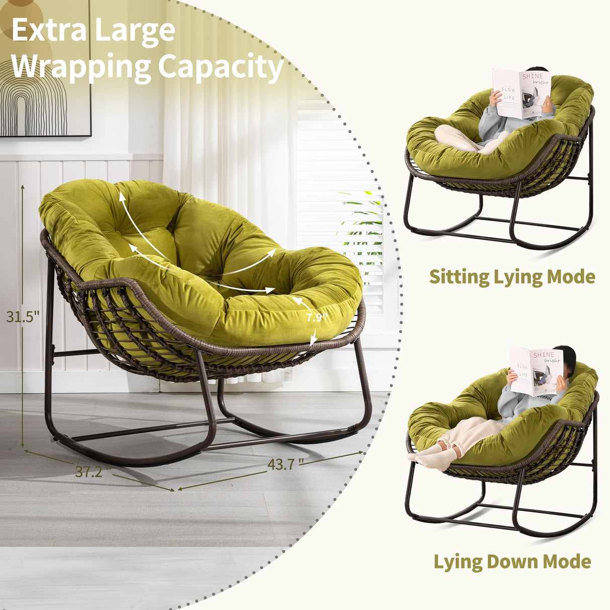 Villeston Outdoor Papasan Rocking Chair - Oversized Comfy Patio Chair Indoor Egg Royal Rattan Rocking Chair with Cushion for Front Porch Lounge Lawn Bedroom Living Room (Green Velvet) Villeston