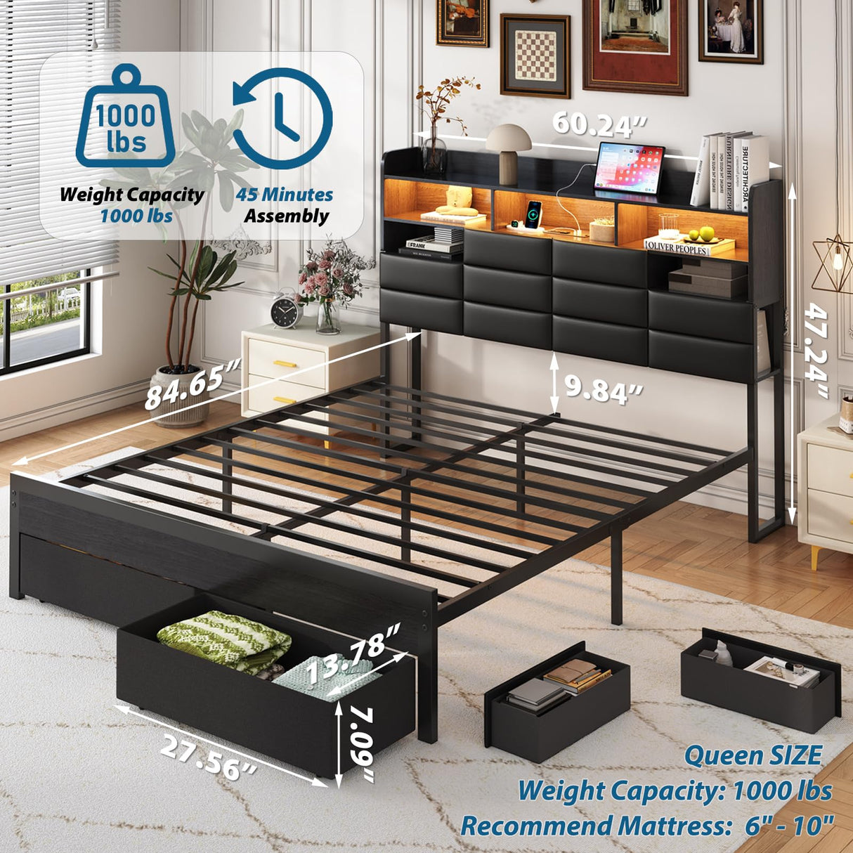 Etditrnp Queen Bed Frame with Storage Headboard, Upholstered Black Bed Frame with 4 Drawers, LED Lights, and Charging Station, Heavy-Duty Metal Slats Support, Noise-Free Etditrnp