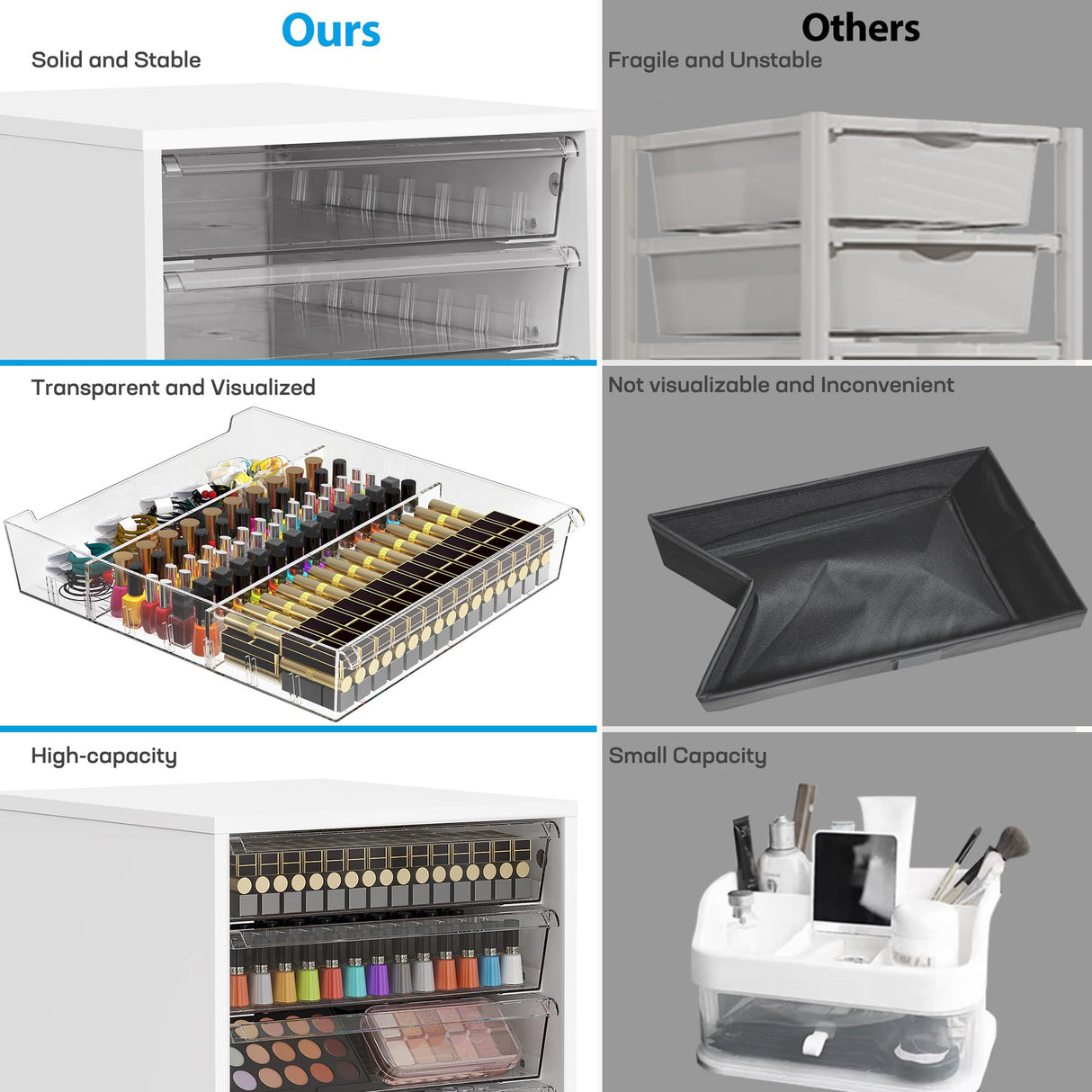 WOPITUES Plastic Storage Drawer Cart, Makeup Organizer and Storage with 10 Large Clear Drawers, Utility Wooden Rolling Cart on Wheels, for Cosmetic, Art Craft, Parts, Office Supplies, Toy, White WOPITUES