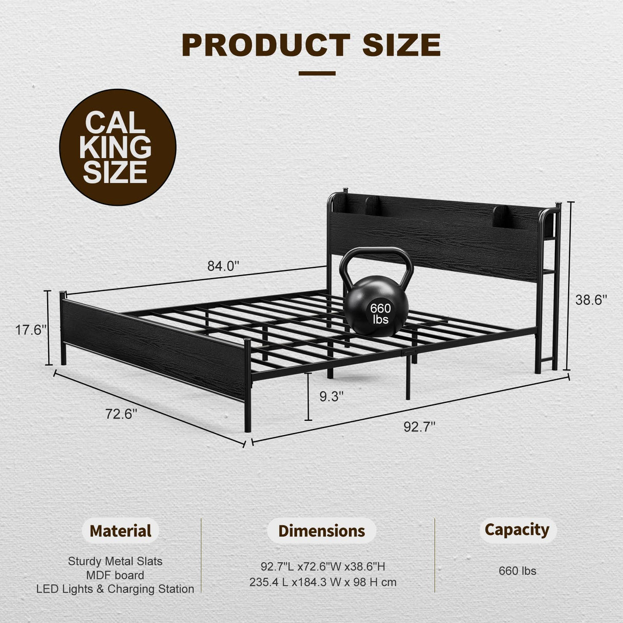 AOVSA Black California King Bed Frame with LED Storage Headboard and Charging Station AOVSA