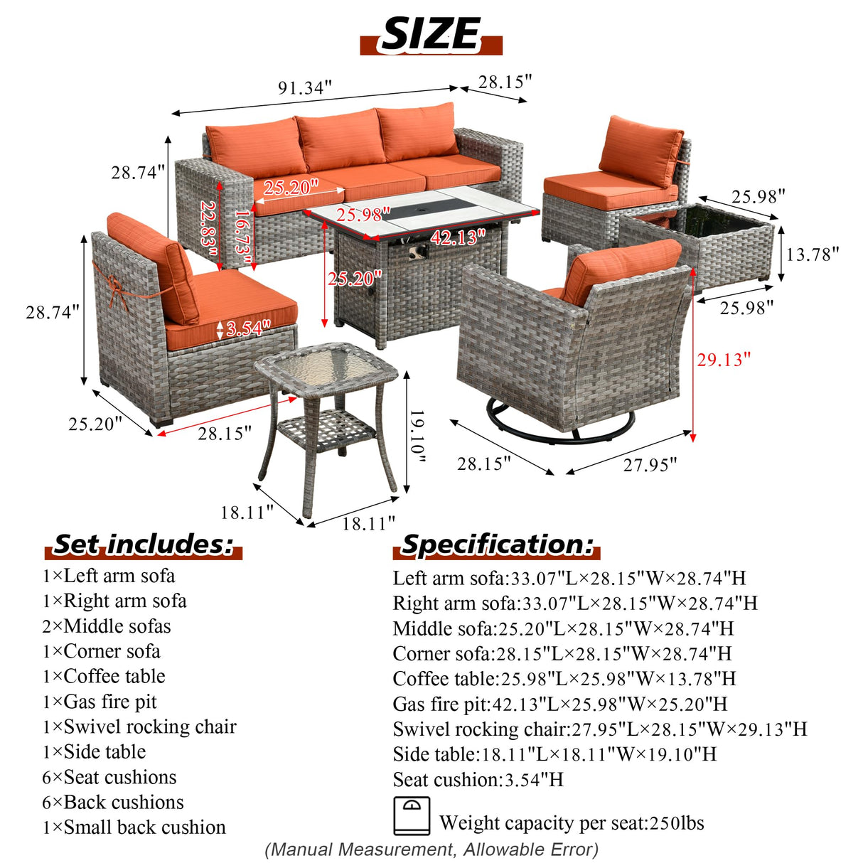 HOOOWOOO 9 Piece Modular Patio Outdoor Sectional Furniture Set with Gas Propane Fire Pit Table,Wicker Conversation Sofa Set with Swivel Chairs,Outside Couch Set(Orange Red) HOOOWOOO