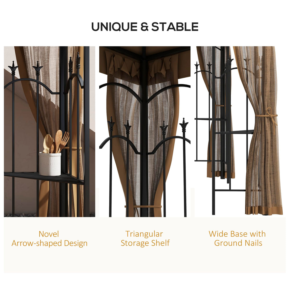 Outsunny 10' x 12' Patio Gazebo with Corner Frame Shelves, Double Roof Outdoor Gazebo Canopy Shelter with Netting for Patio, Wedding, Catering & Events, Brown Outsunny