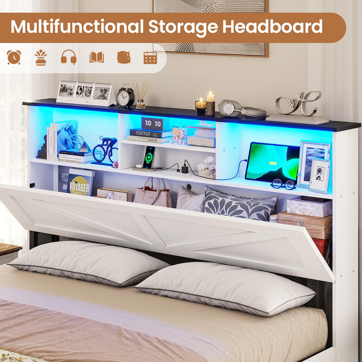 VIAGDO Farmhouse Bed Frame Queen Size with Bookcase Storage Headboard, Charging Station and LED Lights, Wooden Queen Bed Frame with 4 Drawers, Barn Door Design, No Box Spring Needed, No Noise, White VIAGDO