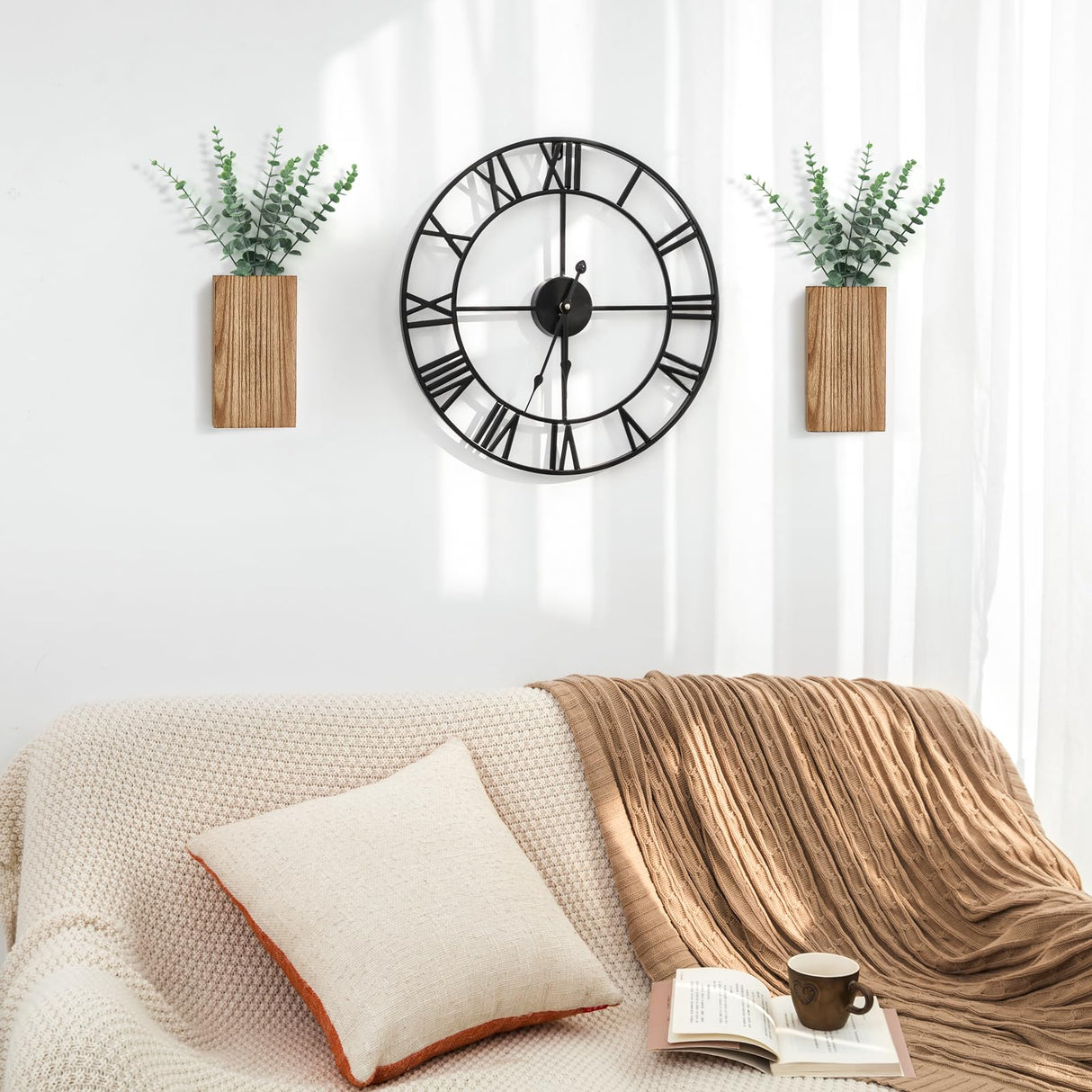 Dahey 2 Pack Wood Wall Planter Vase with Artificial Eucalyptus Farmhouse Wall Hanging Decor Pocket Planter for Indoor Fake Plants Greenery Flowers, livingroom Bedroom Kitchen Home Office Decoration Dahey