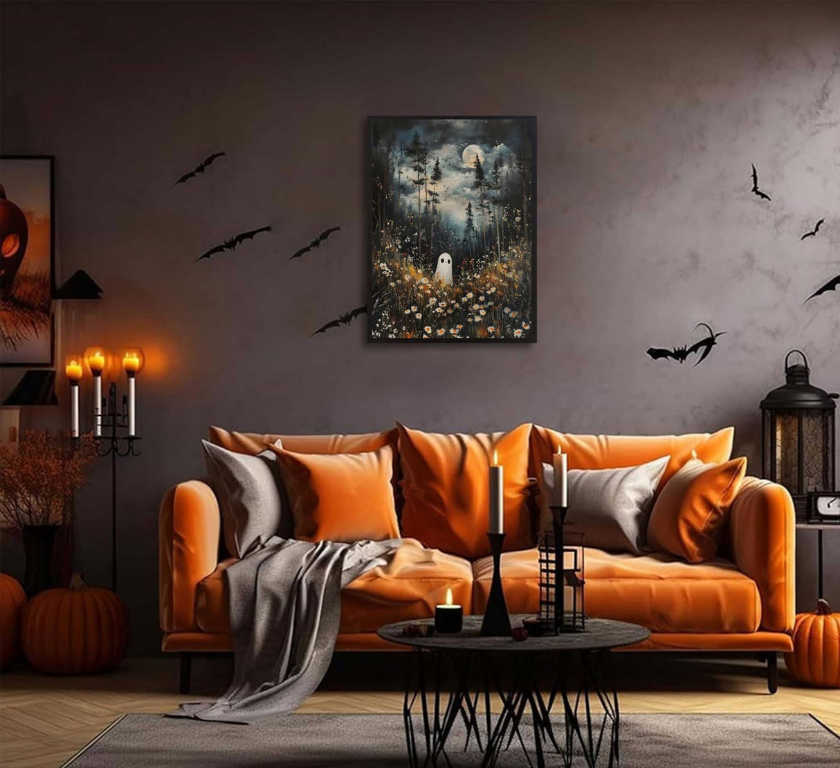 Halloween Whimsical Ghost Paint by Number Kit, 16x20inch Moonlit Forest Floral Meadow DIY Painting for Adults and Kids Art Craft Supplies Frameless Generic