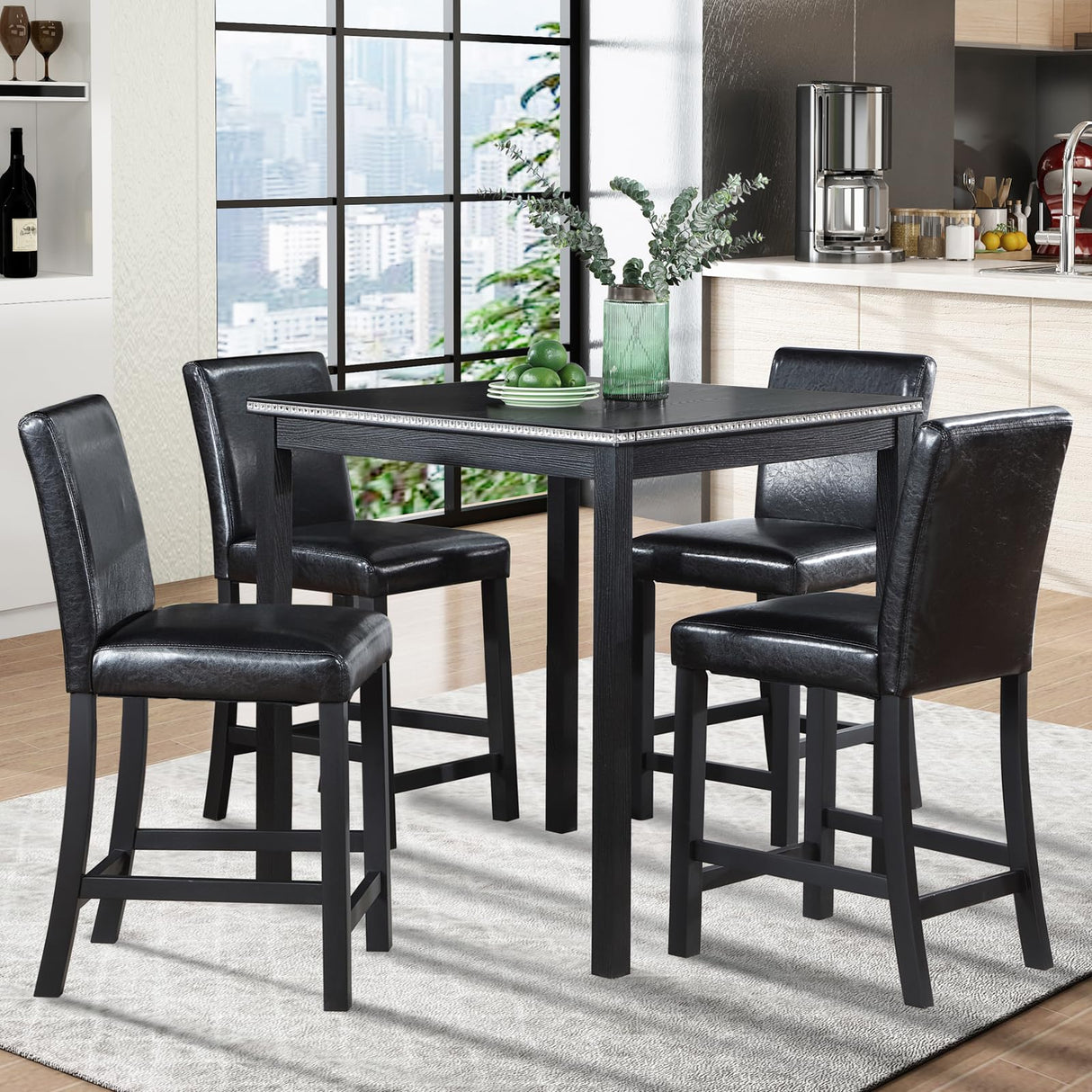 KEIKI 5-Piece Counter Height Dining Table Set with Square Table and 4 Upholstered Chair, for 4 Person, Classic Style Crystal Decoration Wooden Table Set, Easy Assembly, for Kitchen, Dining Room, Black KEIKI