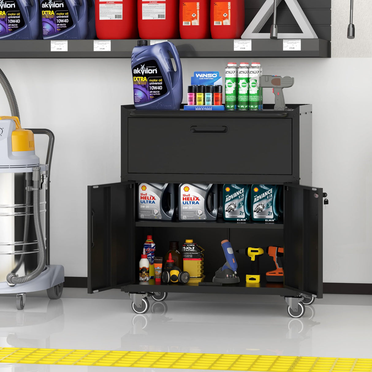 BIZOEIRON Metal Storage Cabinet with Wheels, Lockable Garage Cabinet with 2 Doors and 1 Drawer, Rolling Tool Storage, Assembly Required, Black BIZOEIRON