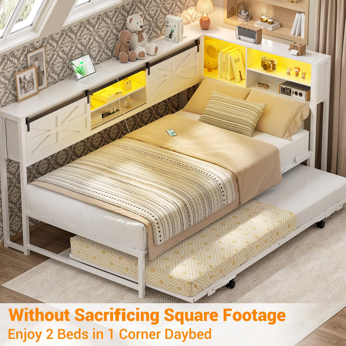 Homieasy Corner Bed Frame with Trundle, Reversible Metal Twin Daybed with LED & Charging Station, Farmhouse Platform Bed Frame with Bookcase Storage for Bedroom Guest/Living Room, White Homieasy