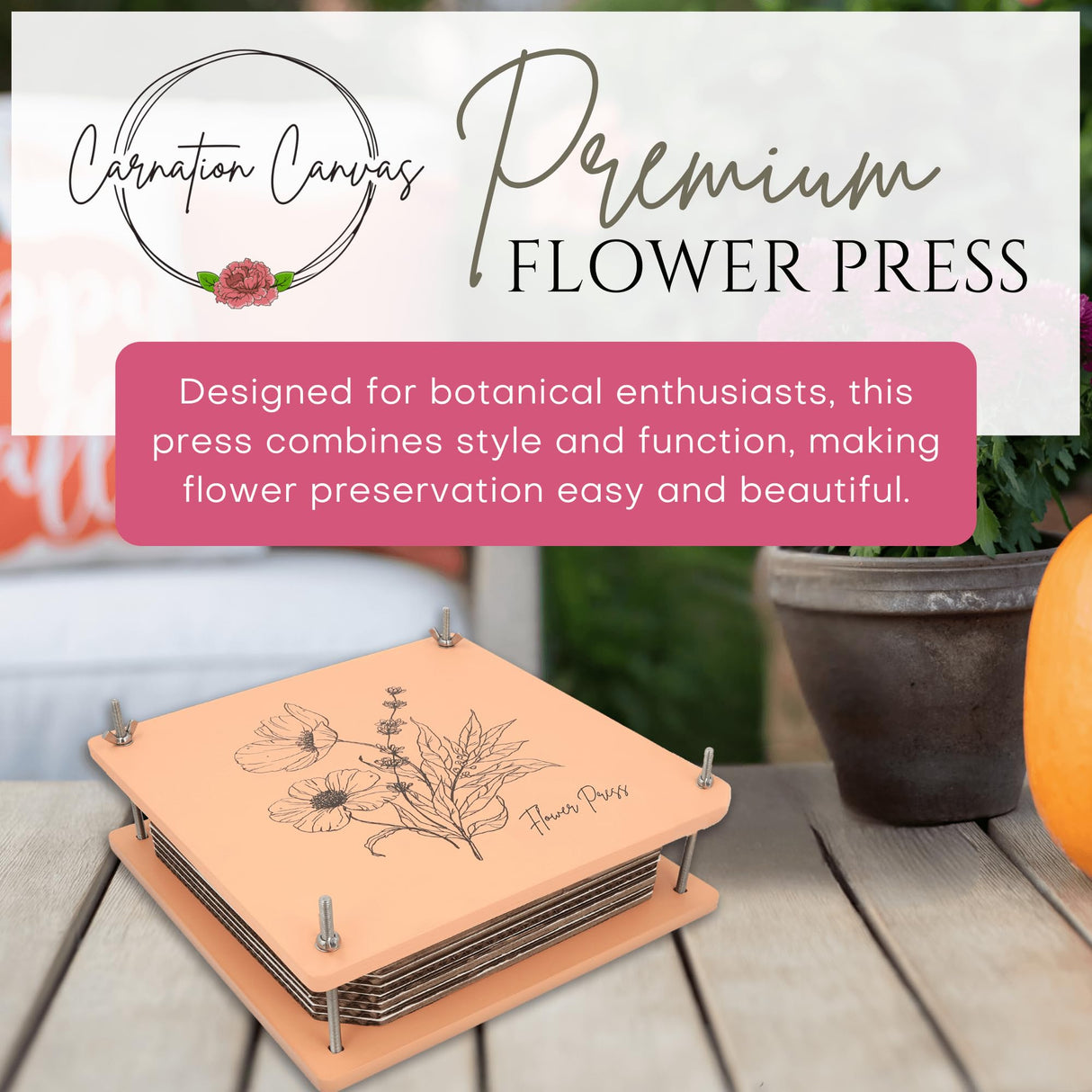 Wooden Flower Press - Durable Bolt Lock Design Complete Pressing Kit w/White Absorbent Sheets, Ebook Guide & More - 10 Layers for Drying & Preserving Flowers - Ideal Craft Gift for Nature Lovers Carnation Canvas
