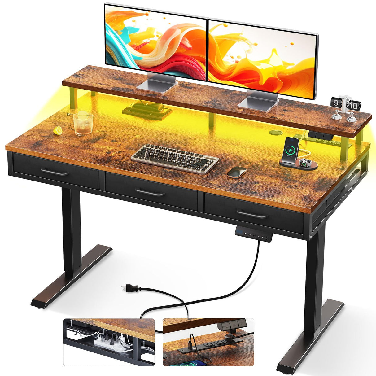AODK 47 Inch Electric Standing Desk with 3 Drawers, Brown, Height Adjustable Desk with Power Outlets & LED Lights, Stand Up Desk with Monitor Shelf, Sit Stand Desk Computer Workstation AODK