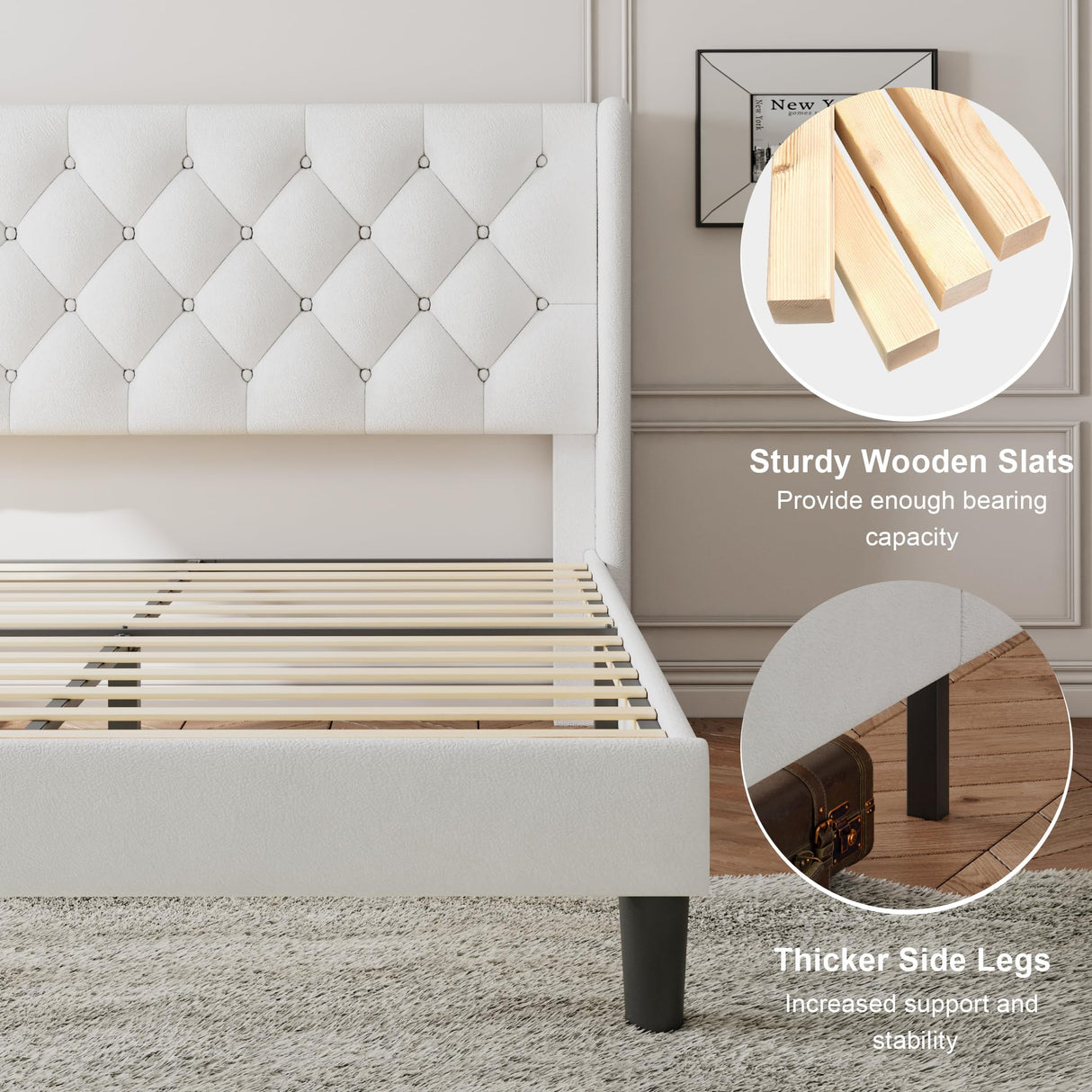 Feonase Queen Size Bed Frame with Diamond Tufted Wingback Headboard, Upholstered Platform Bed, Sturdy Wooden Slats Support, Noise-Free, No Box Spring Needed, Easy Assembly, White Feonase