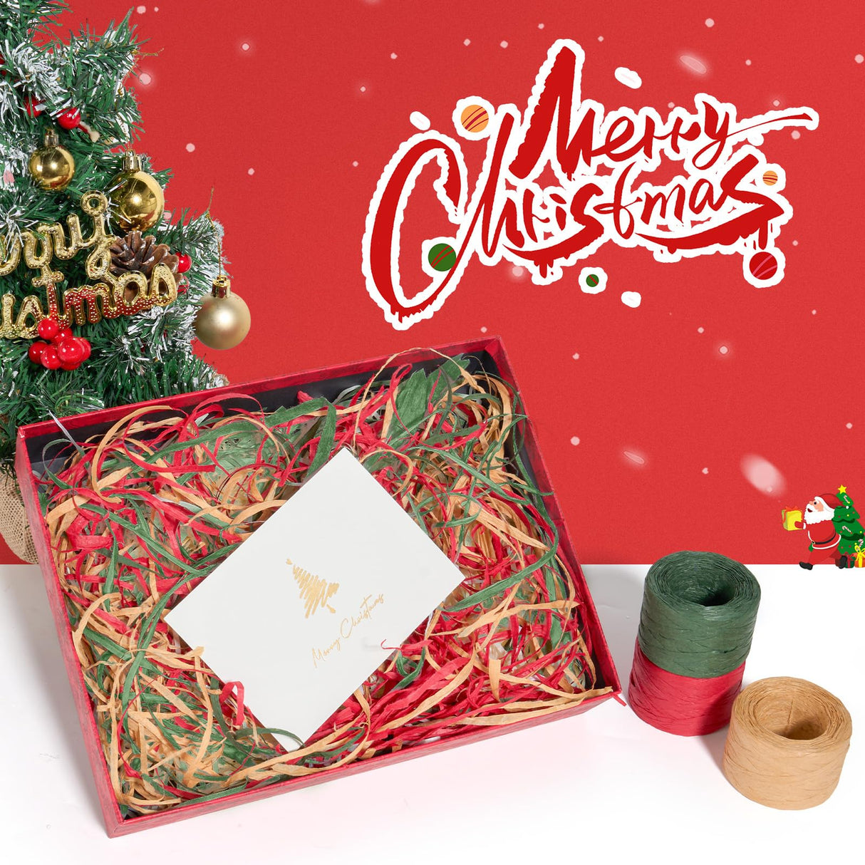 Sooez 3 Rolls Raffia Ribbon Twine String, 540 Feet Christmas Wrapping Paper for Crafts, Red Green Natural Christmas Ribbon for Gift Wrapping, Raffia Yarn for Holiday DIY Supply, 180 Feet Each Roll Sooez