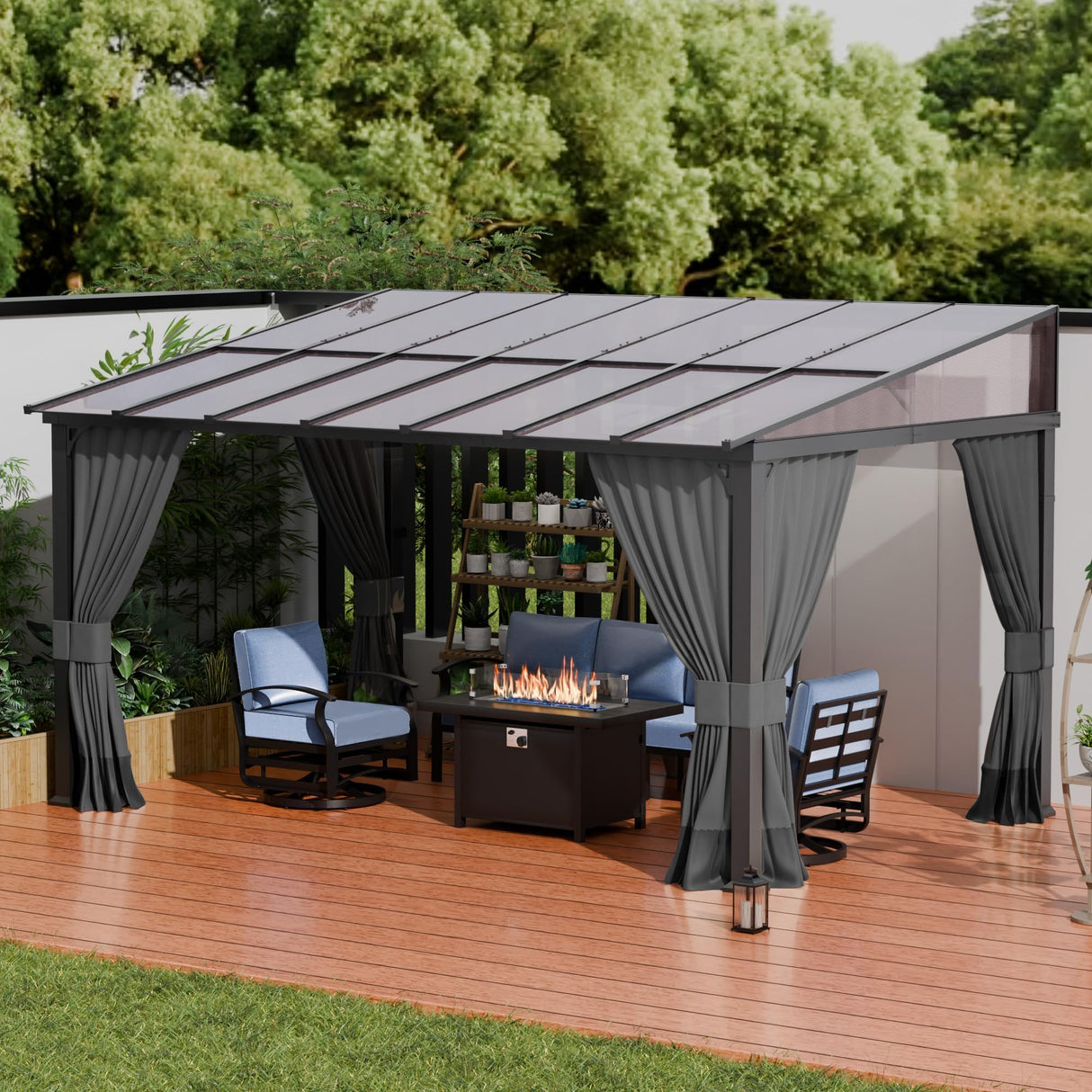 ALAULM 10'x 14' Outdoor Hardtop Pergola,Wall Mounted Lean to Gazebo with Curtains and Netting,Galvanized Metal Frame,Sunshade for Patio, Backyard, Deck and Lawns-Gray ALAULM