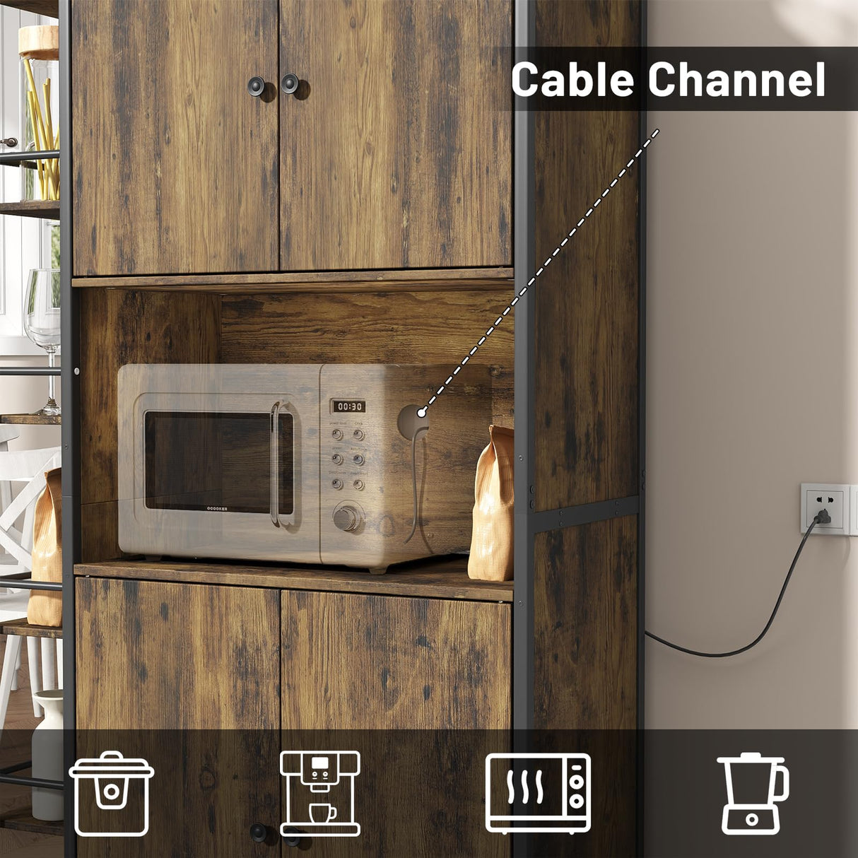 Seeday Industrial Style Kitchen Pantry Storage Cabinet, Brown Tall Kitchen Hutch with Microwave Stand, Food Pantry Cabinet with Side 6 Shelves and 2 Doors for Dining Room, Living Room Seeday