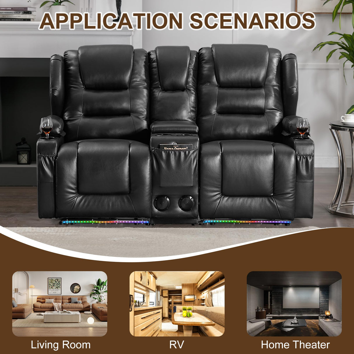 DRMBOOK RV Power Loveseat Recliner Sofa, Faux Leather Double Wall Hugger Reclining Sofa with Console, Home Theater Seating Chair with Cup Holders, 2 Person Couch RV Furniture for Living Room, Black DRMBOOK
