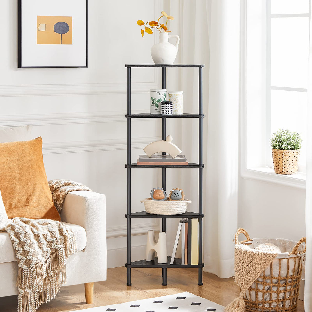 HOOBRO Corner Shelf Stand, Industrial 5-Tier Wall Corner Bookshelf with Metal Frame, Plant Corner Display Shelf, Corner Bookcase for Small Spaces, Bedroom, Living Room, Black BK33CJ01 HOOBRO